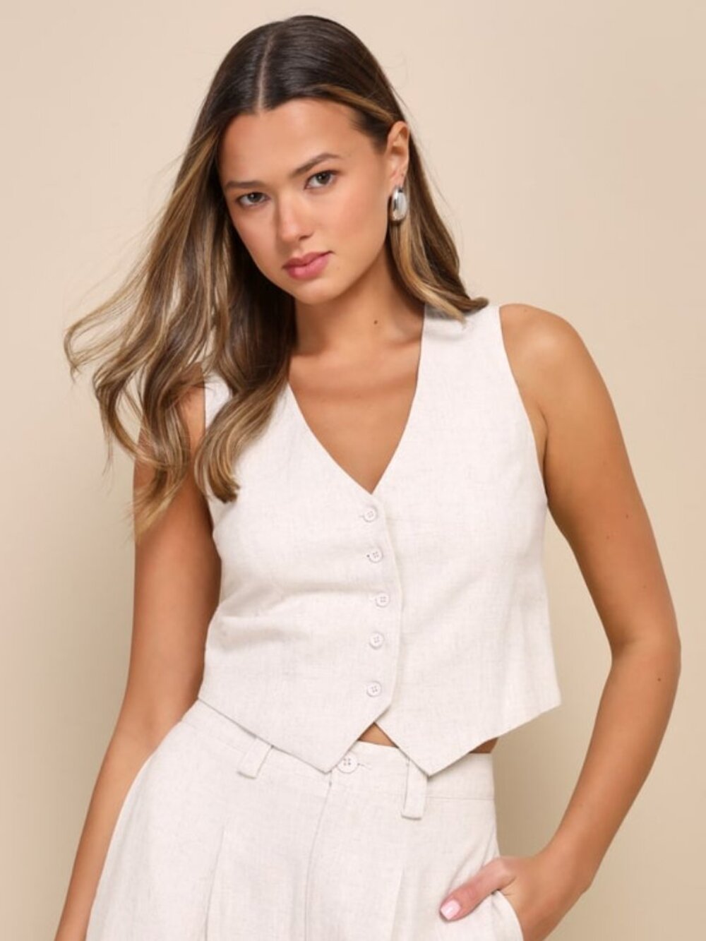 Lulus Suits You Perfectly Beige Linen Vest - Size S